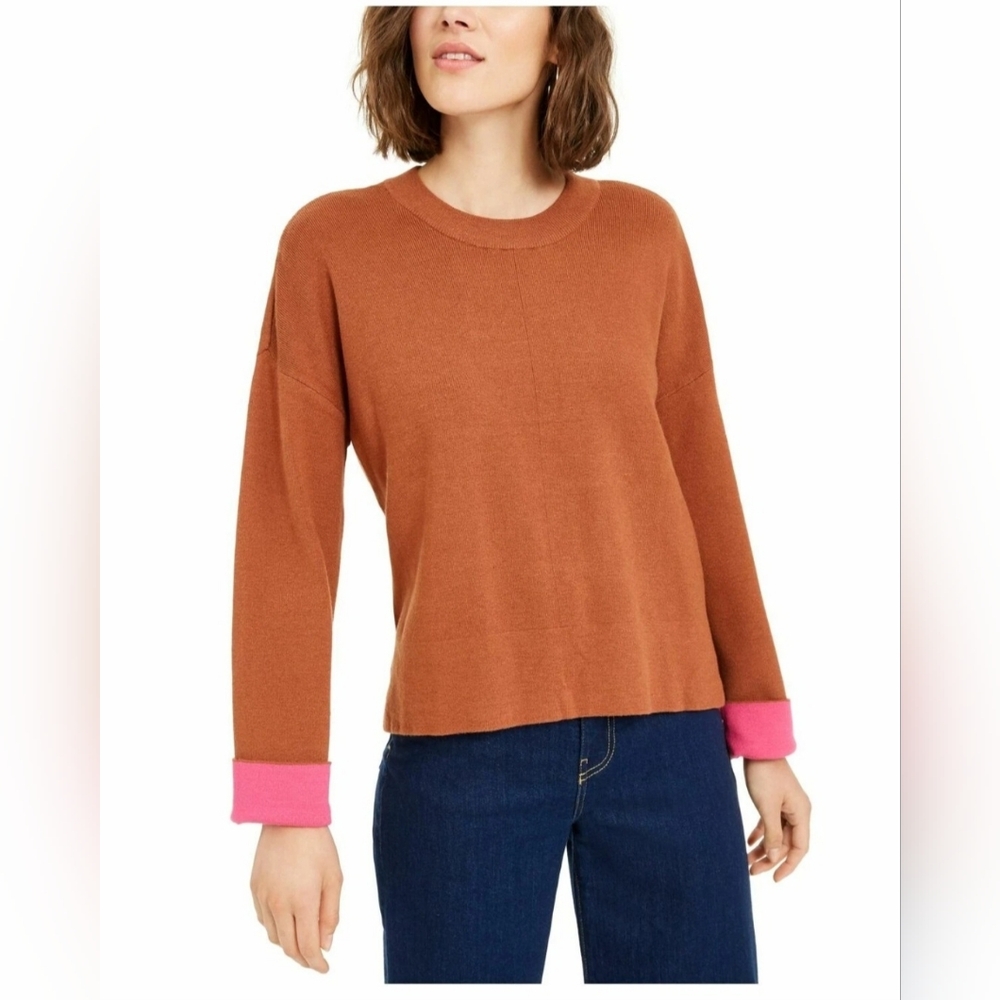 Bar III Becca Tilley x Contrast-Cuff Crewneck Sweater $59 Size L
